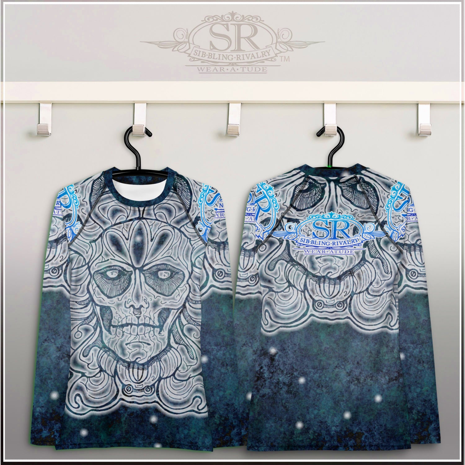 SUGAR & SNOW Wear A Tude clothing by SibBling Rivalry Design. Our striking Sugar Skull design on a form fitting sports shirt. 