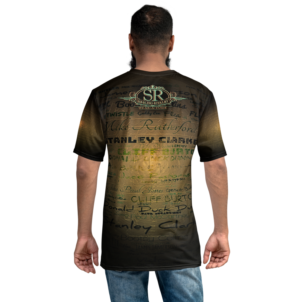 BASS PLAYER Tee. Relax fit mens shirt. Black and ocher tan, top musicians ever, 