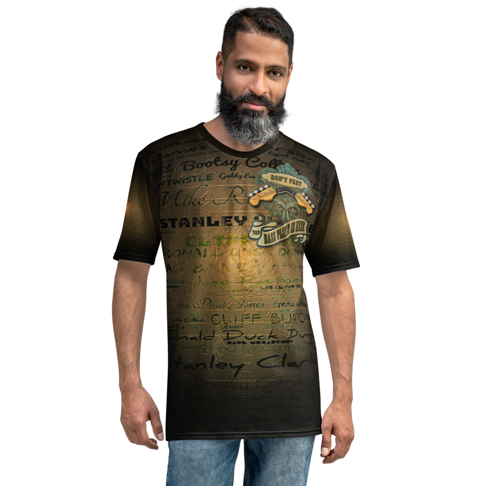 BASS PLAYER T-shirt. Front. Black, ocher, relax fit front. Top best base players.