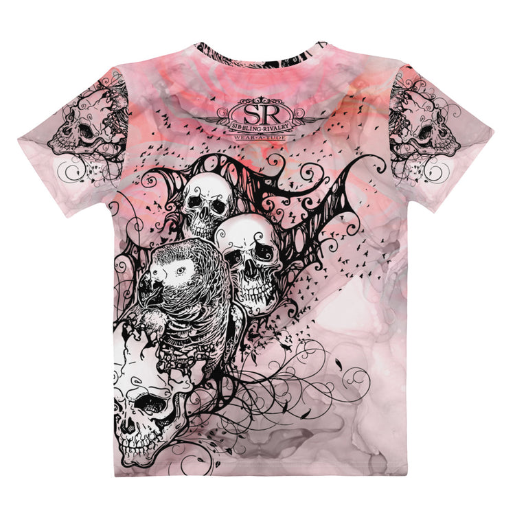 A tough girls top, Pink with grey stains. Tattoo like drawings of parrots skulls and swirls. SR logo stamped on back. SIB. BLING RIVALRY is women with WEAR A TUDE!