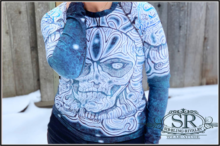 SUGAR & SNOW ~ SR Rash Guard - SIB.BLING RIVALRY Wear A Tude clothing by SibBling Rivalry Design. Our striking Sugar Skull design on a form fitting sports shirt. 